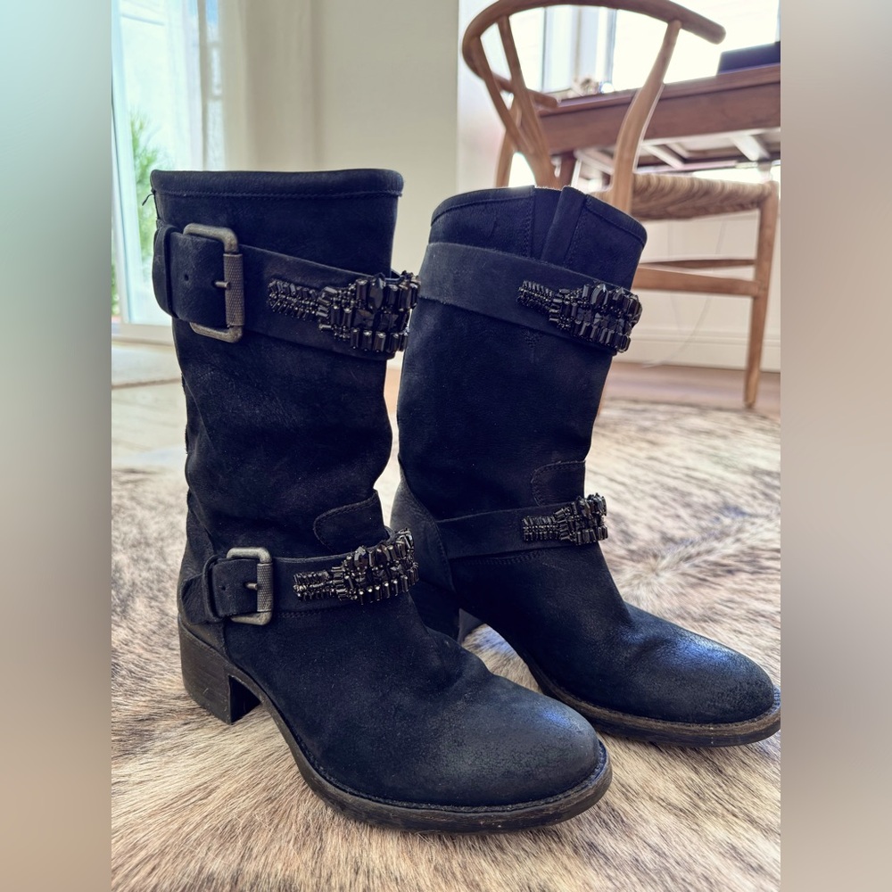 Vera Wang Lavender’Uma’, jeweled Moto-boot. Very good preowned condition.
